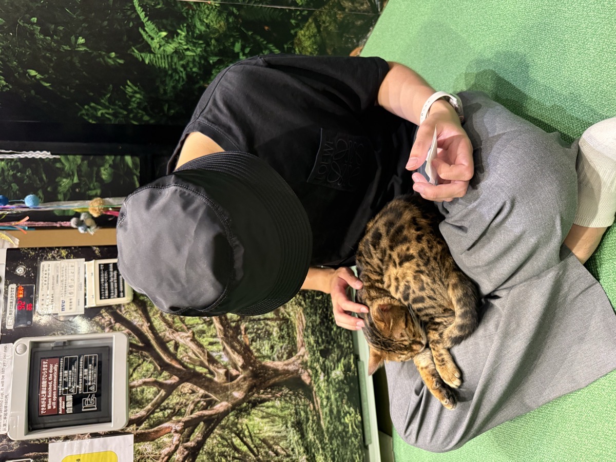Big sitting with a sleeping cat on his lap